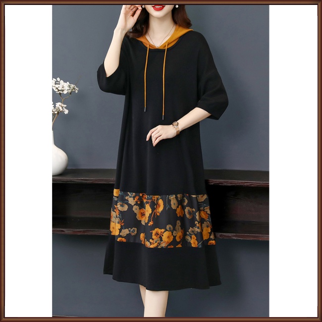 Đầm Hoodie Tay 3/4 Dáng Rộng In Họa Tiết Hoa Màu Tương Phản Thời Trang Cho Nữ