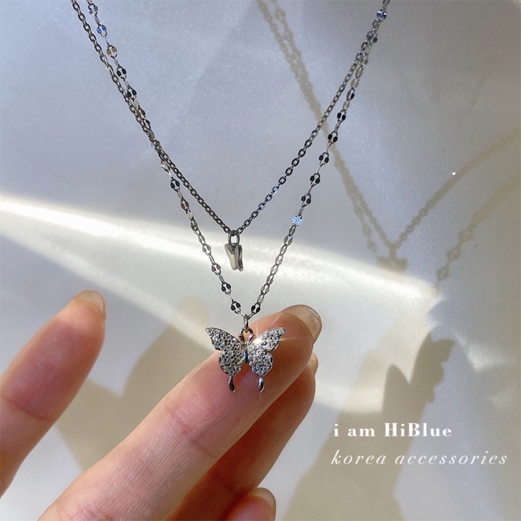 Vòng cổ hai lớp mặt hình bướm đính đá Zircon lấp lánh thời trang cho nữ
