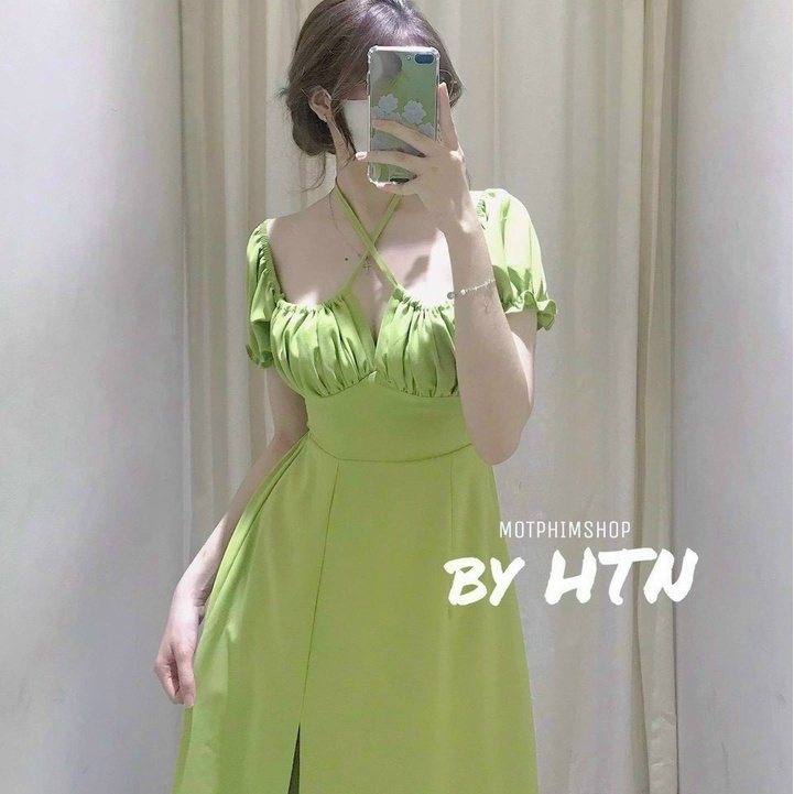 ĐẦM CỔ YẾM XẾP LY TAY BỒNG  CHẤT LIỆU PHI LỤA DỰ TIỆC DẠO PHỐ THỜI TRANG VÁY NỮ XM MINH PHÚC