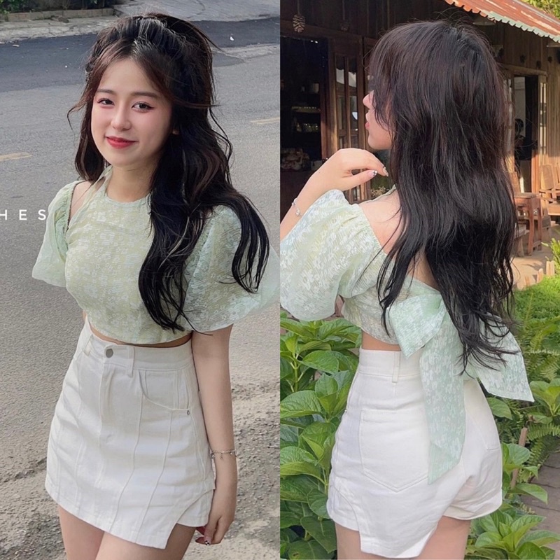 Set áo croptop yếm xanh rớt vai tay phồng nơ lưng + quần shorts trắng giả váy
