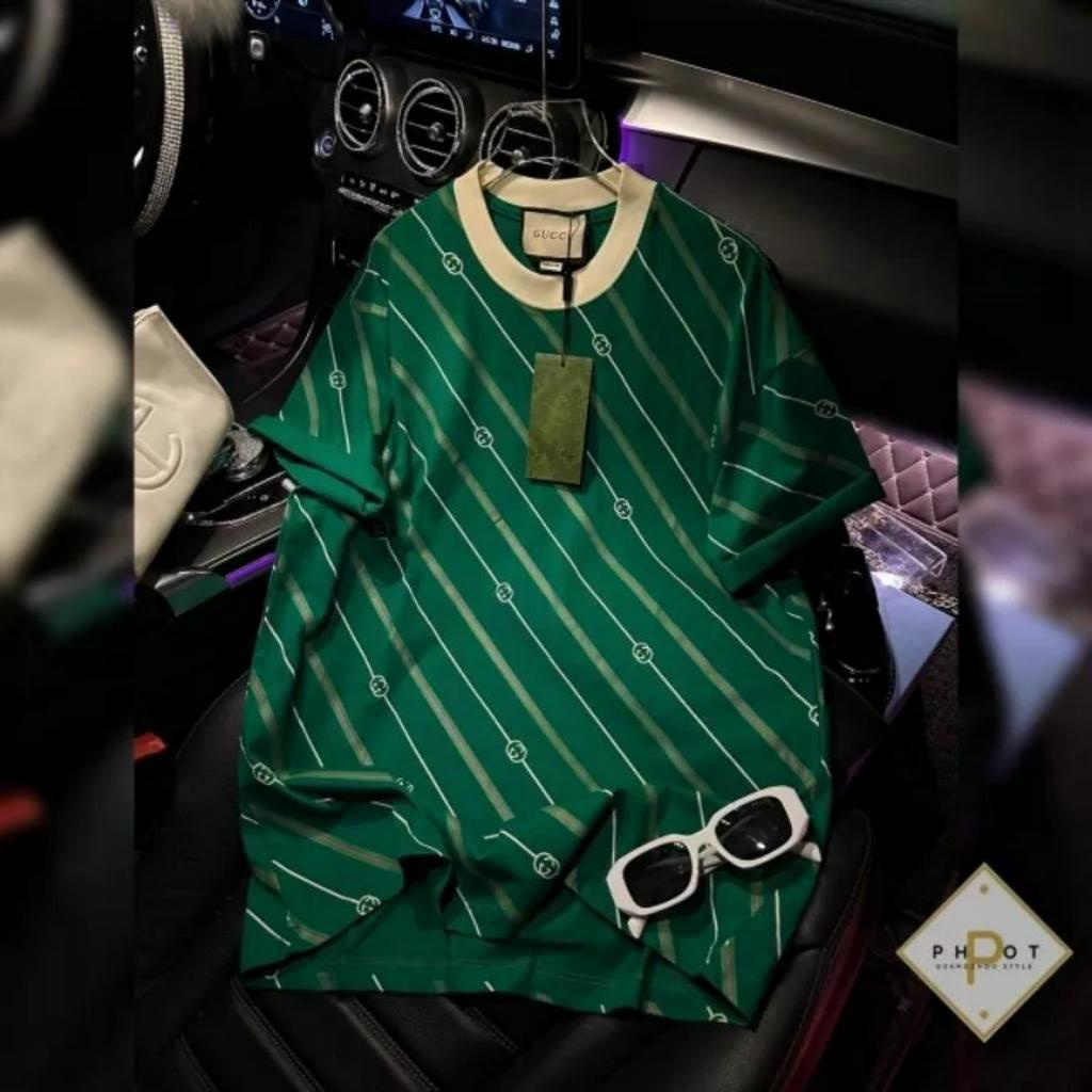 Áo Thun GG Kẻ Chéo ❤ Áo Phông Cotton Khô 3158 Dày Dặn Nam Nữ NVA405