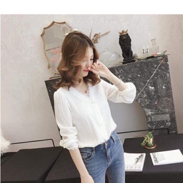 Áo sơ mi thô mềm thêu ren