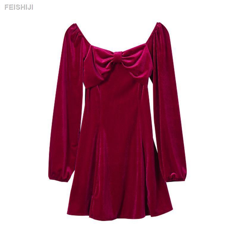 Đầm Nhung Chữ A Tay Dài Cổ Vuông Thắt Nơ Phong Cách Pháp 2019