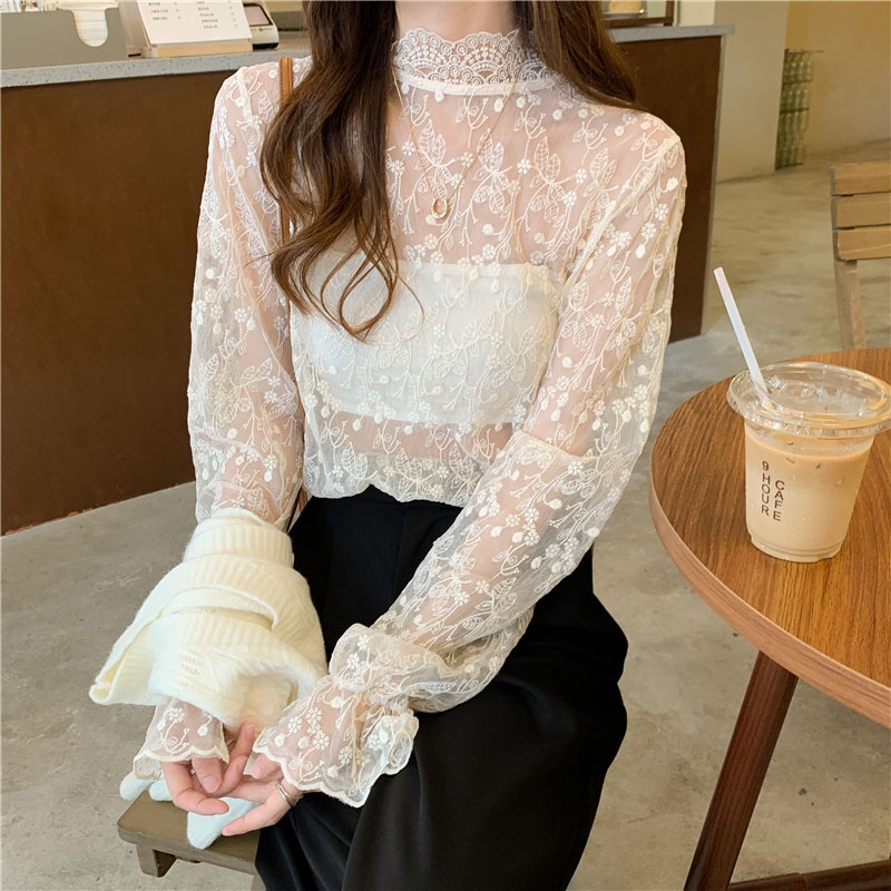Áo lưới ren mỏng tay dài cổ tròn thời trang cho nữ MS180
