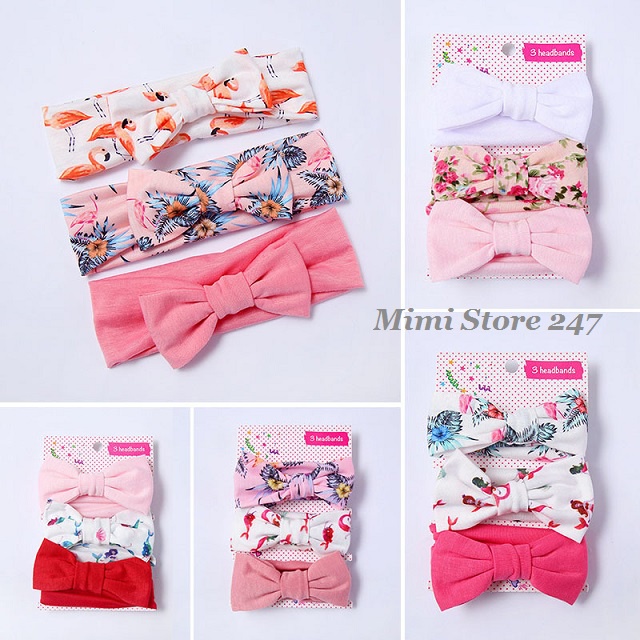 Set 3 Băng Đô/ Turban Thắt Nơ Vải Cotton Màu Sắc Họa Tiết Dễ Thương Cho Bé Gái Từ 0-1 Tuổi