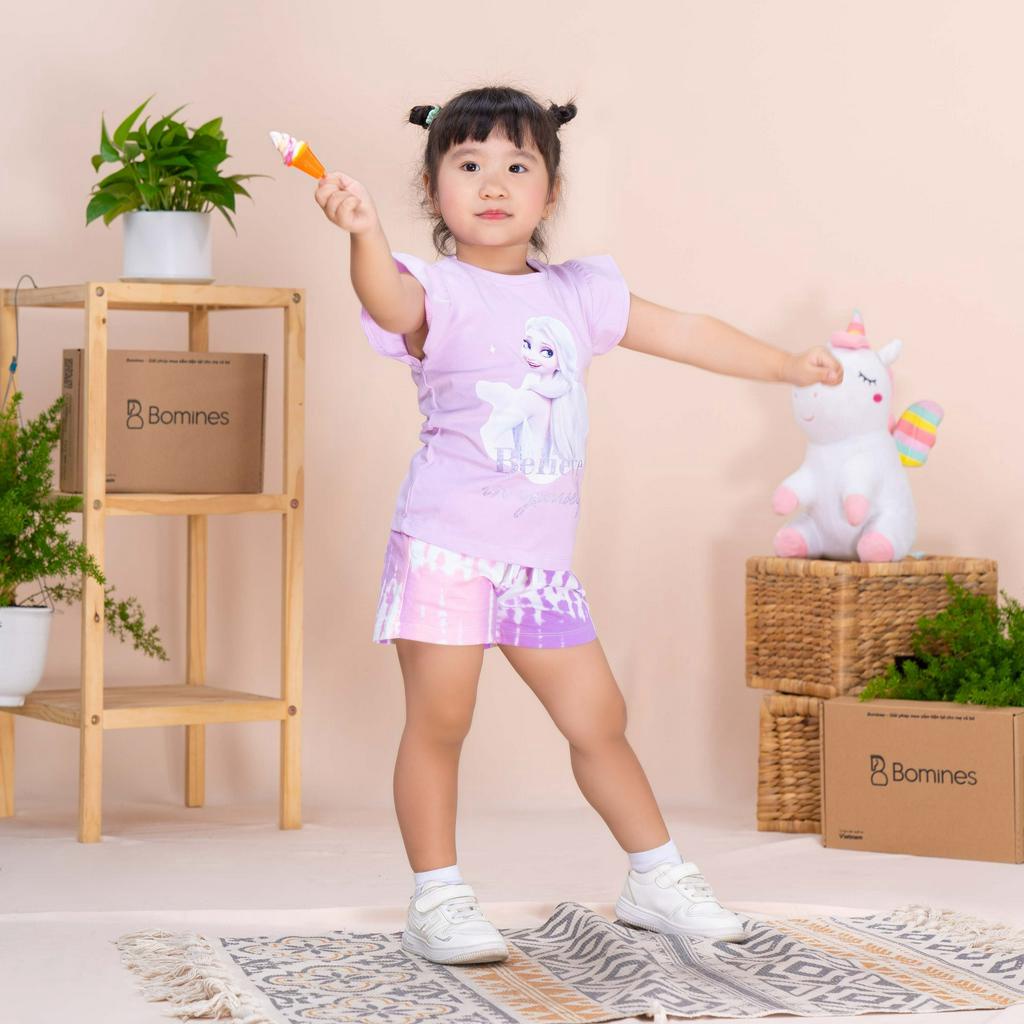 Đồ bộ bé gái hình công chúa Elsa BOMINES, quần ngắn, thun cotton loang màu cho bé 3-10 tuổi, 12- 30kg DBSBGELSAQUANLOANG