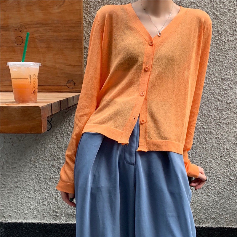Áo khoác cardigan thun len mỏng sexy tay dài 4 cúc