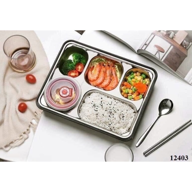 Khay Cơm Văn Phòng 5 Ngăn Inox Cao Cấp 304, Sâu Lòng, Đảm Bảo Vệ Sinh