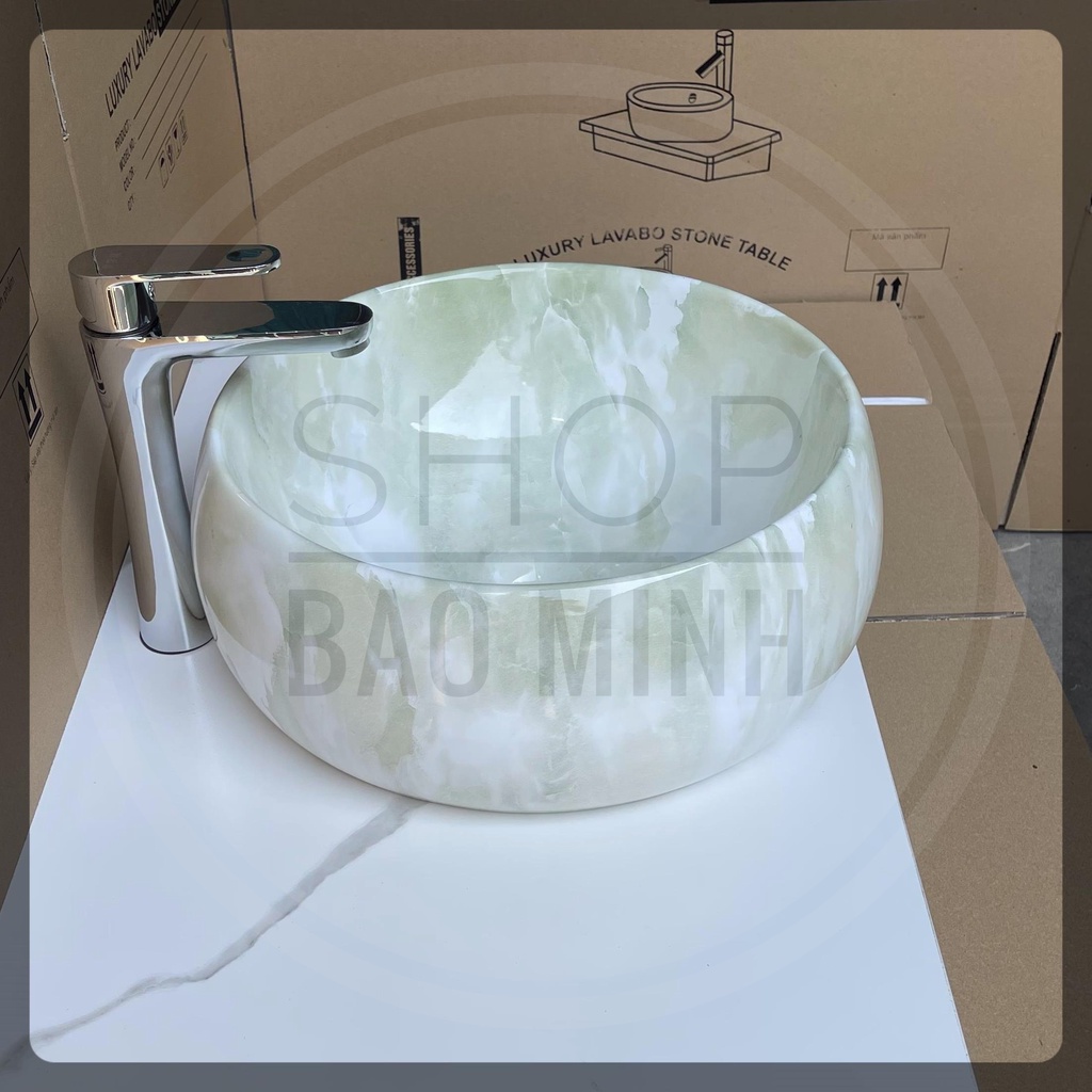 Chậu rửa mặt - Lavabo tròn đặt bàn hoa văn vân đá xanh ngọc cao cấp, đường kính 40cm.