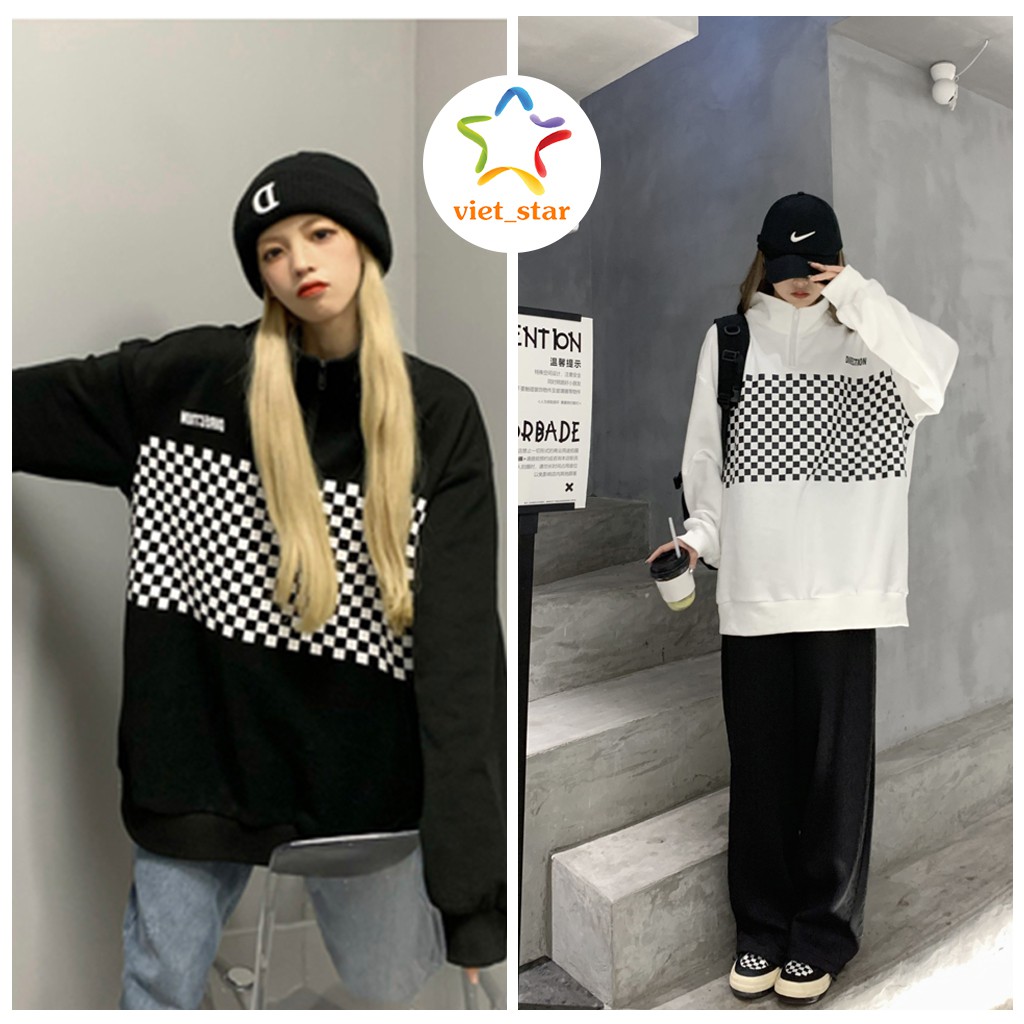 Áo Sweater Nỉ Nữ VIETSTAR áo polo nỉ cổ kéo khoá Ulzzang form rộng Hàn Quốc Ô VUÔNG | WebRaoVat - webraovat.net.vn