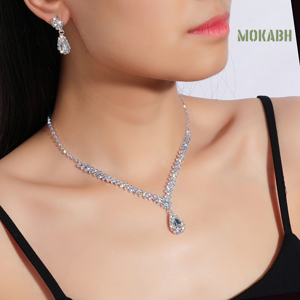 1 Bộ Vòng cổ + Bông Tai Hình Giọt Nước Đính Đá Lấp Lánh Kiểu Hàn Quốc Cho Cô Dâu