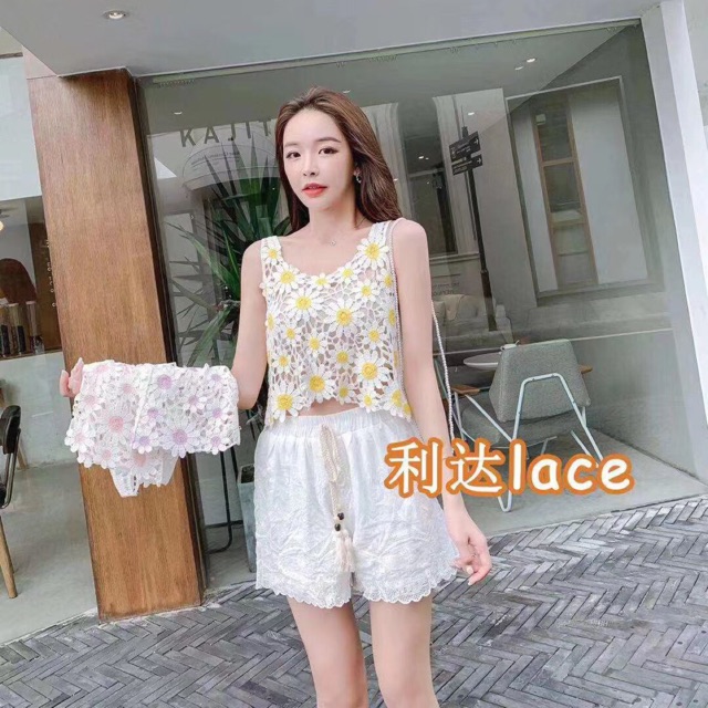 Set 2 món - áo hoa hướng dương + quần ren dây rút xinh iu (có tách rời)