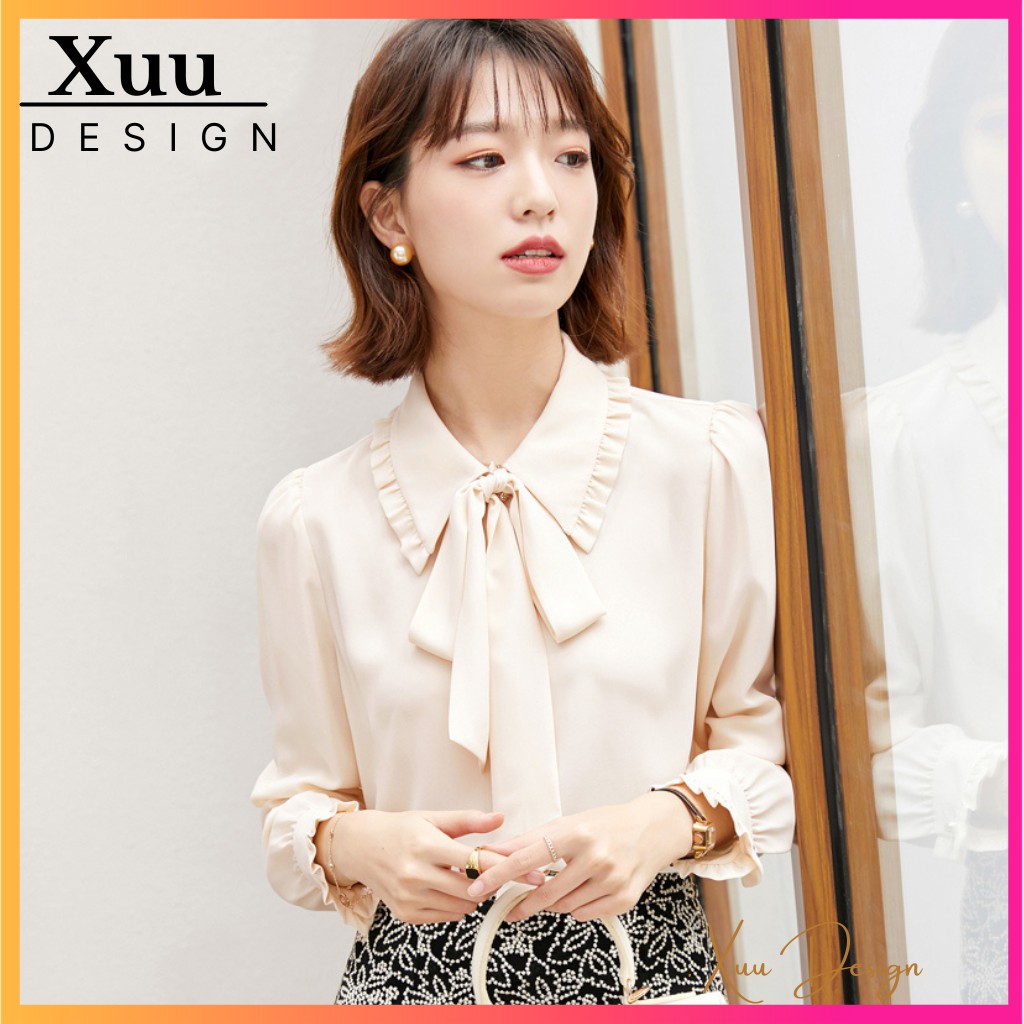 Áo sơ mi nữ thắt nơ Xuu Design, Sơ mi kiểu dài tay công sở chất vải đẹp Xu03 Kem