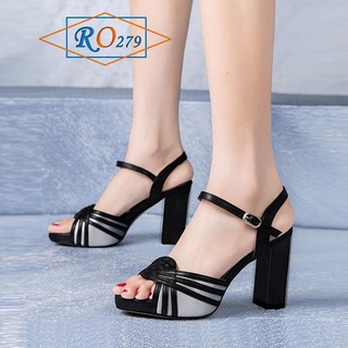 Giày cao gót nữ đẹp đế vuông 7p hàng hiệu rosata hai màu đen kem ro279