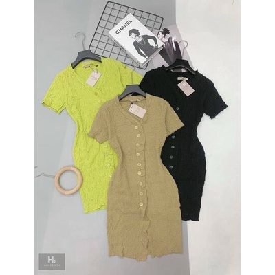 Váy xốp cổ v khuy nhiều màu dáng body ngắn