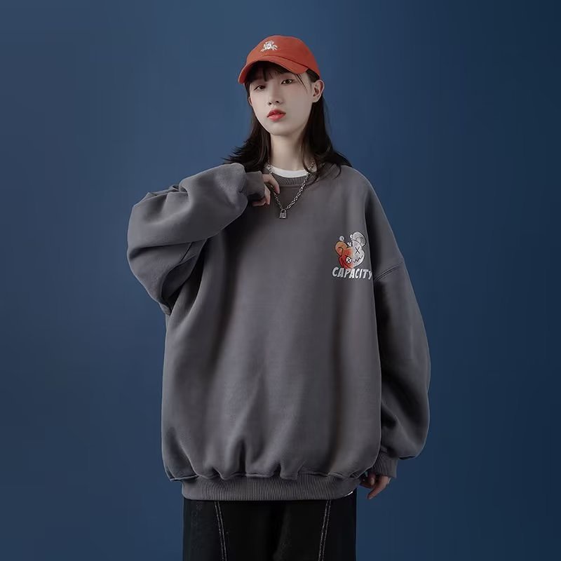 Áo sweater AOKANG cổ tròn dáng rộng in hoạt hình kiểu Hồng Kông thời trang xuân thu cho cặp đôi