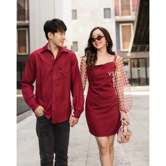 Váy áo đôi sơ mi nam nữ màu đỏ phối ren phù hợp dự tiệc, chụp hình - Đồ đôi phong cách Hàn Quốc