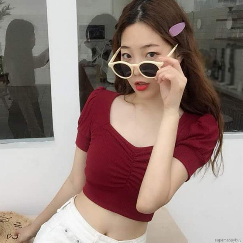 Áo Croptop Tay Ngắn Cổ Vuông Thiết Kế Màu Trơn Thanh Lịch