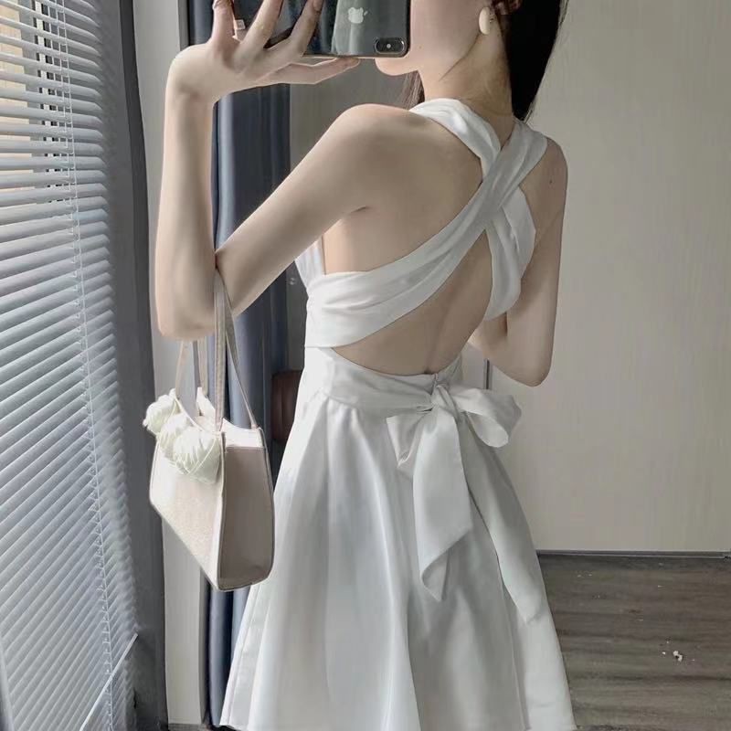 Váy trắng mới mùa hè Pháp cổ tích cổ điển ngắn sexy hở lưng nhẹ nhàng