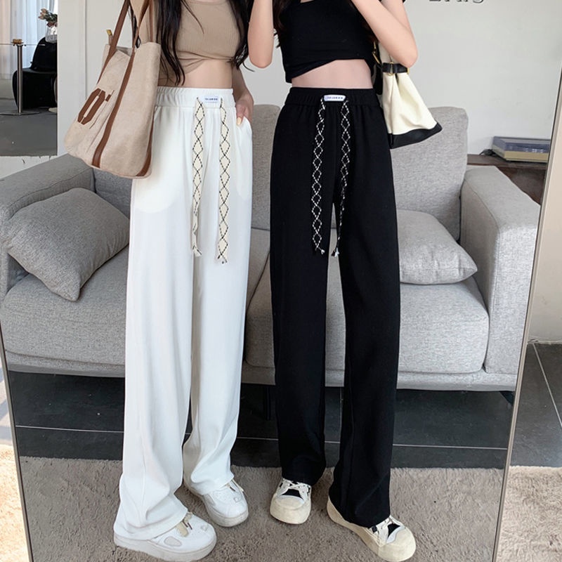 Quần Dài Ống Rộng Vải Lụa Lạnh Co Giãn Màu Đen Thời Trang Mùa Hè 2022 Cho Nữ