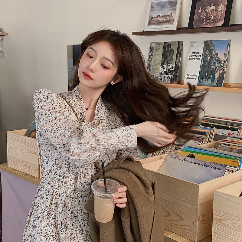 Đầm tay dài phồng cổ chữ V in họa tiết hoa thời trang thu đông cho nữ