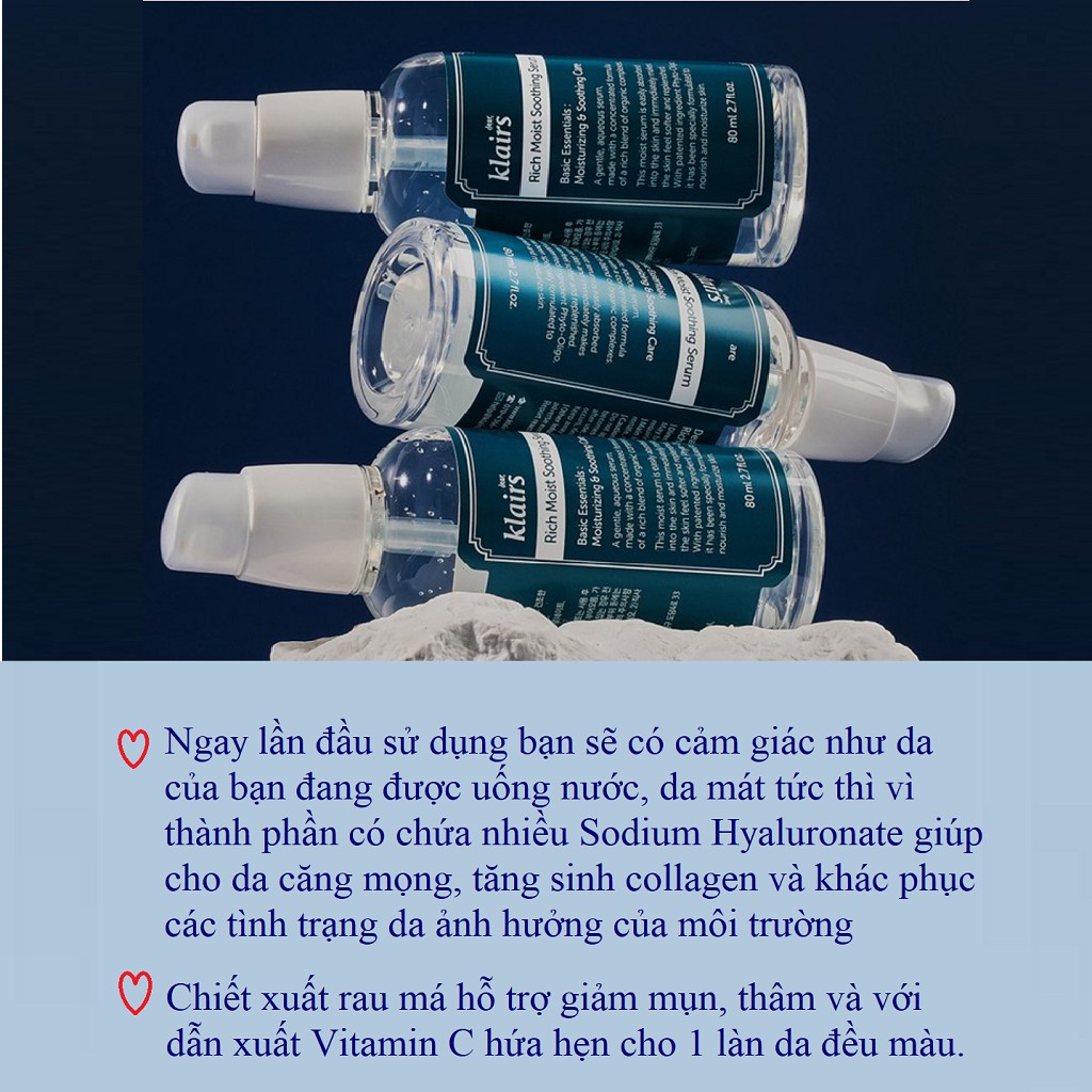 Serum Klairs, Tinh chất dưỡng da dưỡng ẩm chuyên sâu Klairs Rich Moist Soothing Serum 80ml Auth Hàn Quốc