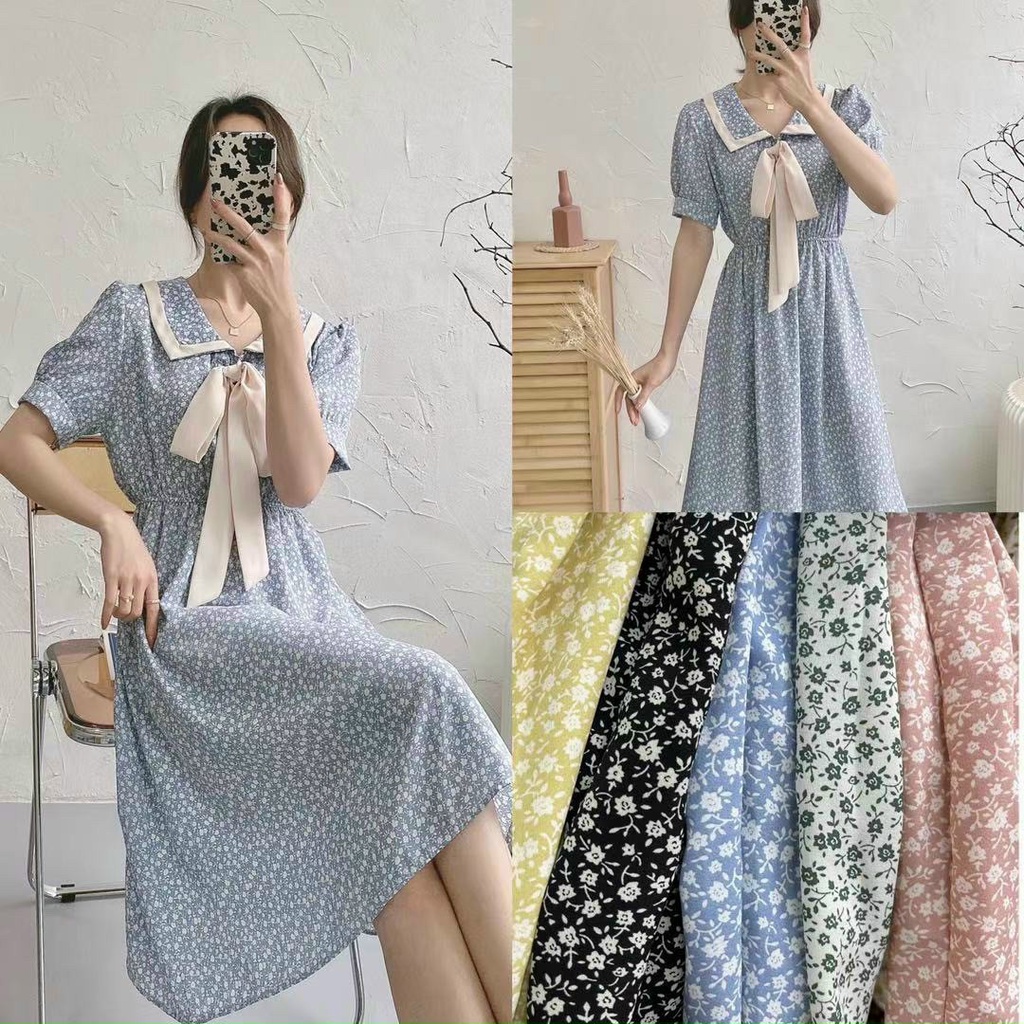 Đầm xòe tay ngắn cổ thắt nơ hoa xinh xắn nữ