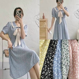 Đầm xòe tay ngắn cổ thắt nơ hoa xinh xắn nữ