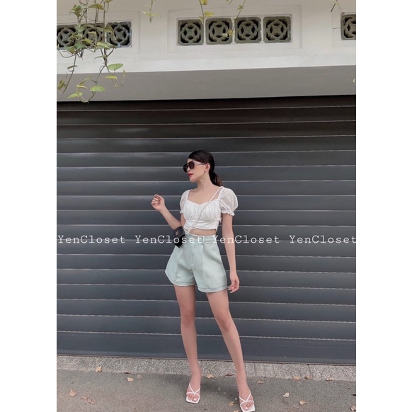 Hình chính chủ YenCloset  - Áo croptop xô cột nơ lưng nữ tính, xinh xỉu