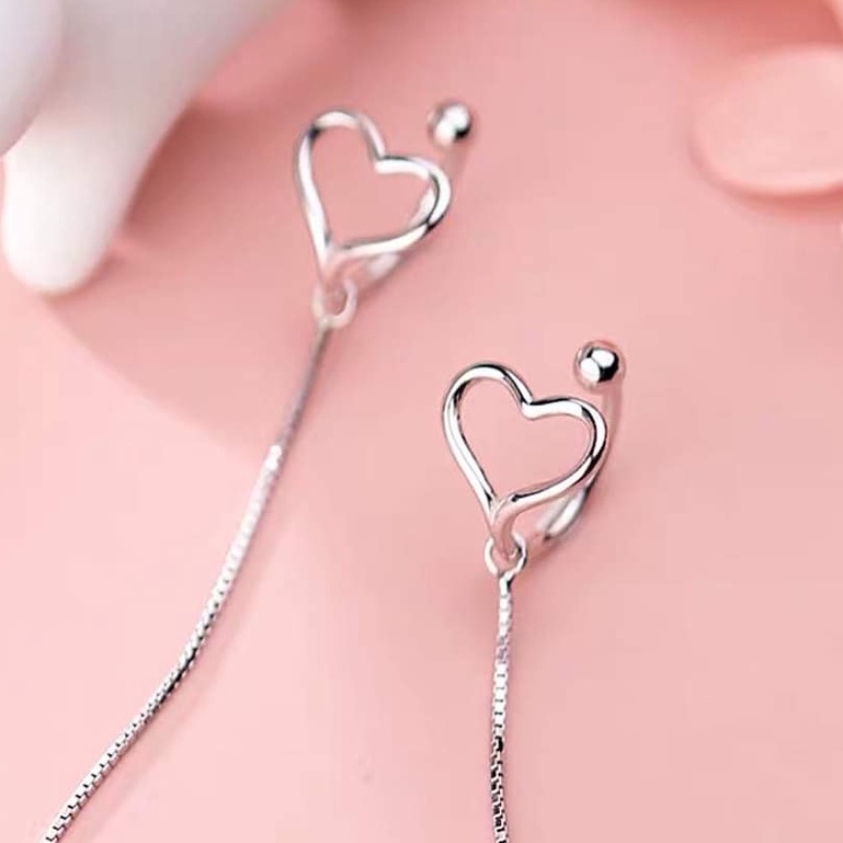 Khuyên tai bạc 925 khuyên kẹp vành trái tim tua sợi