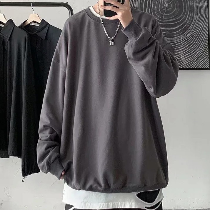 Áo Thun Tay Dài Cổ Tròn Dáng Rộng Màu Sắc Đơn Giản Thời Trang Cho Nam Kích Thước M-3Xl