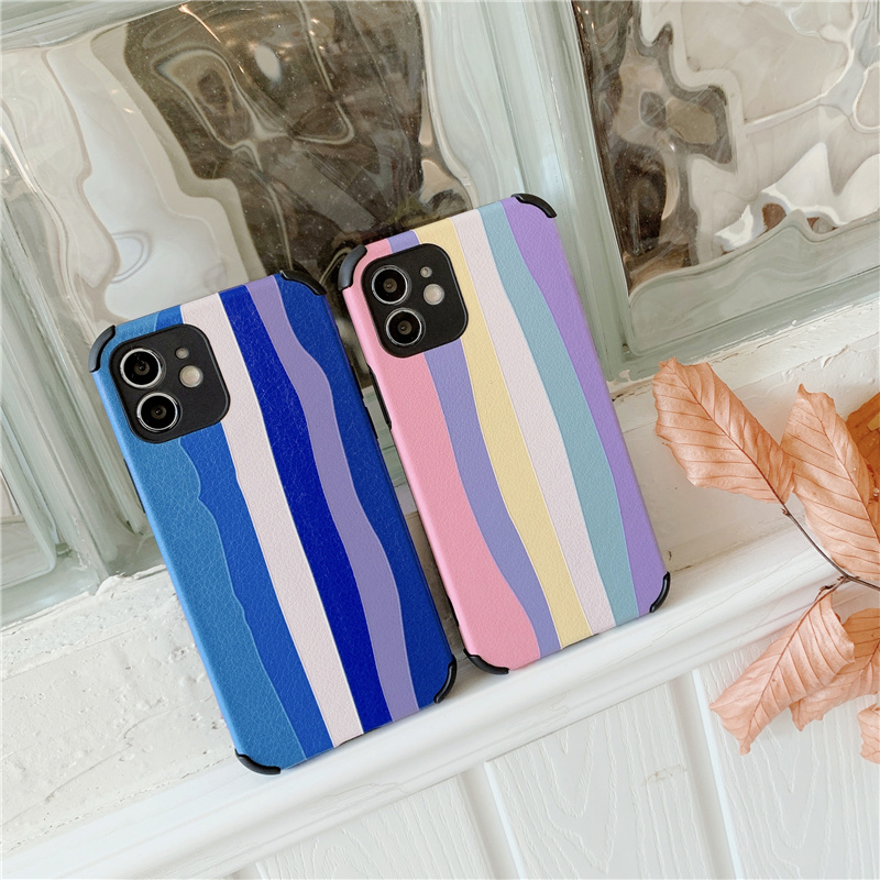 Lambskin Case for iPhone 12 11 Pro Max X XR Four Angle Anti Fall Case 6 7 8 6s Plus Rainbow Printing Casing | BigBuy360 - bigbuy360.vn