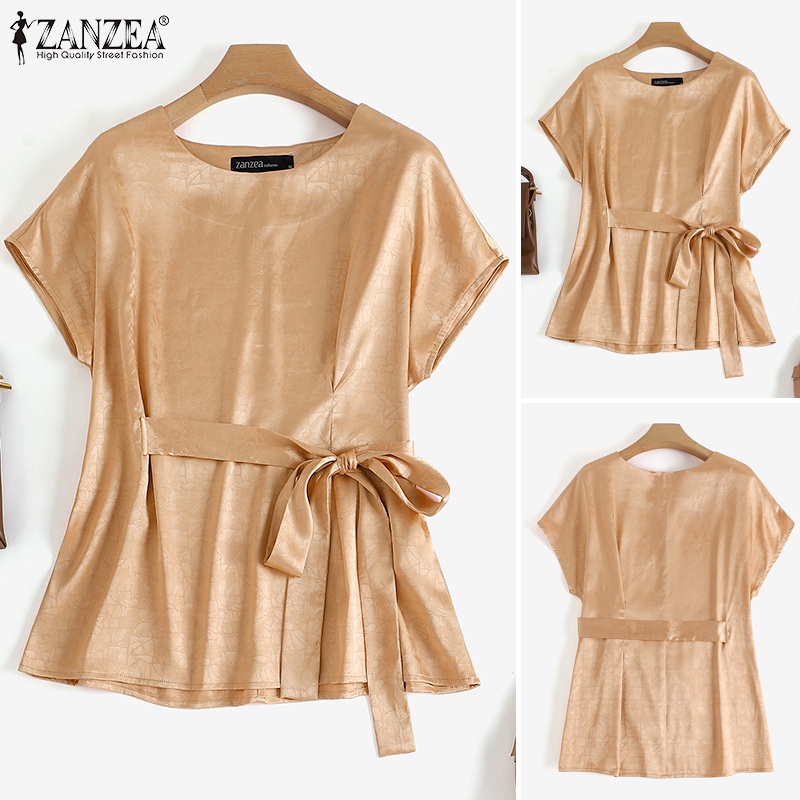 Zanzea Áo Satin Cổ Tròn Thắt Dây Eo Tay Ngắn Thanh Lịch Dành Cho Nữ