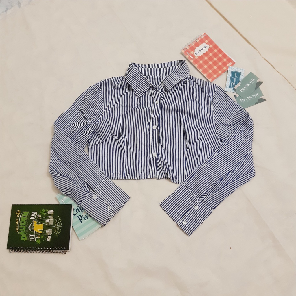 Áo sơ mi croptop - sơ mi tay dài sọc xanh dương 2hand