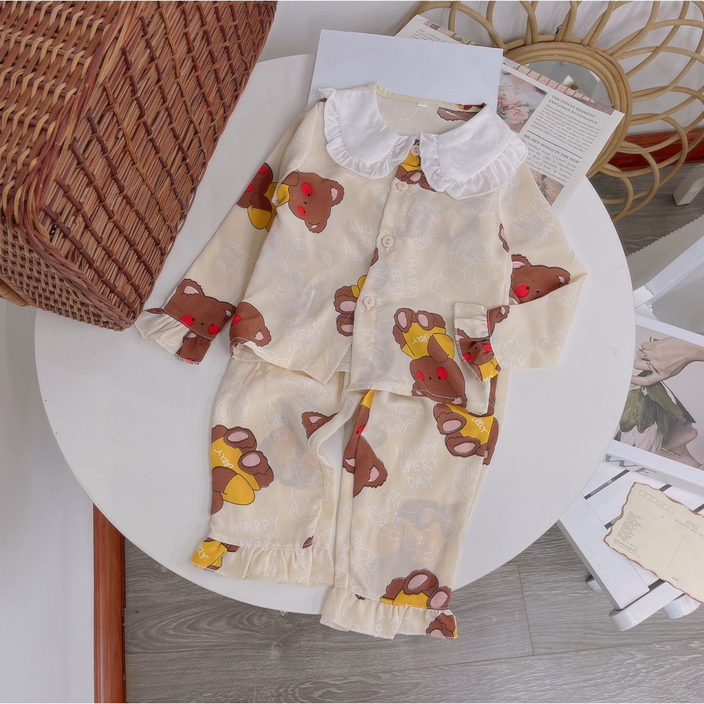 Bộ Quần Áo Ngủ Pijama Dài Tay Cổ Bèo In Hình Gấu Bông Dành Cho Bé Gái - BPN23 - Babi mama