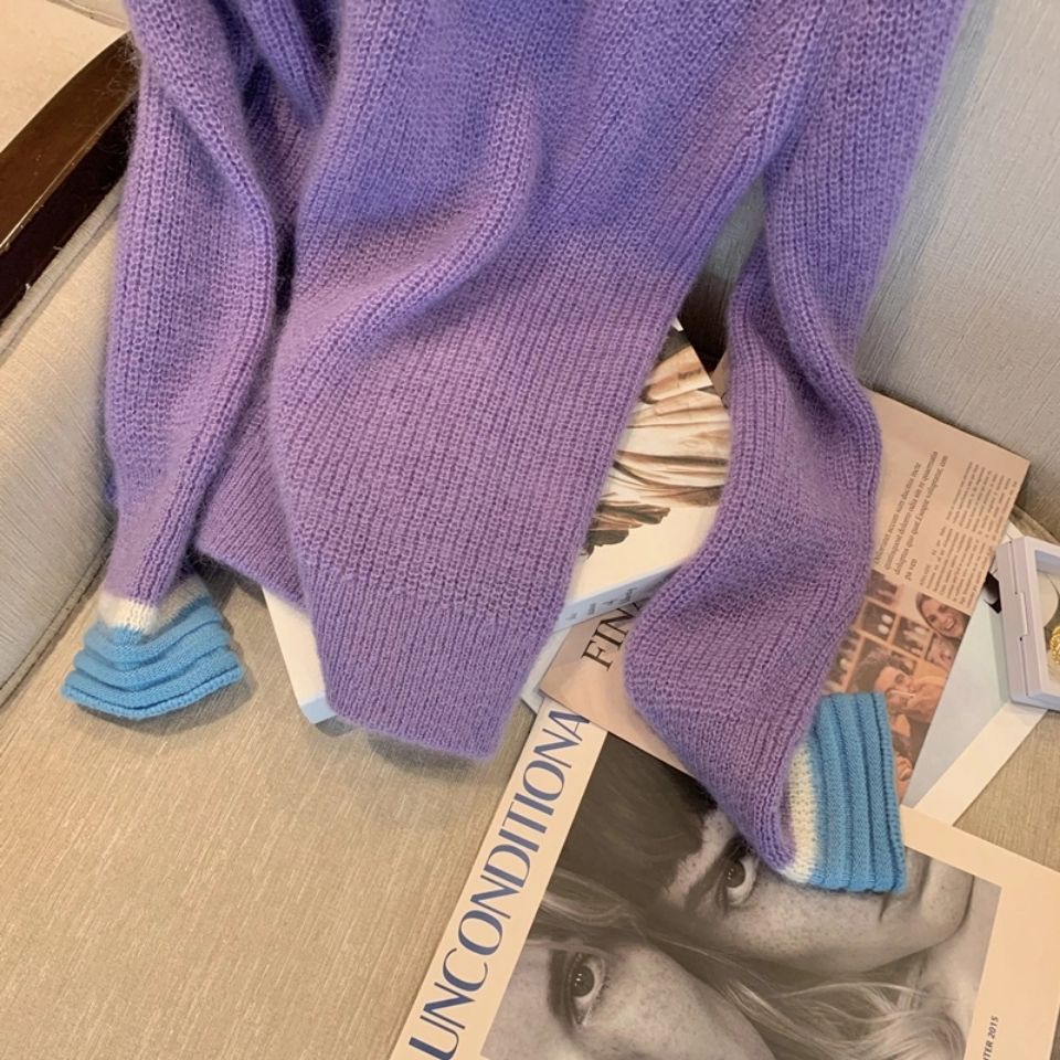 Áo Sweater Dệt Kim Mỏng Mềm Dáng Rộng Màu Tím Sữa Phong Cách Hàn Quốc Thời Trang Mùa Thu Cho Nữ