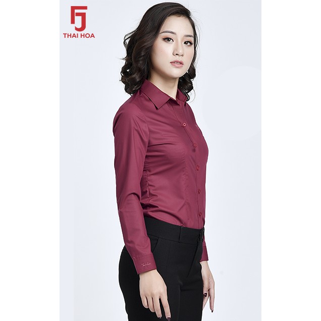 Áo sơ mi nữ công sở tay dài Thái Hòa vải kate trơn - Màu đỏ đô - 047-12