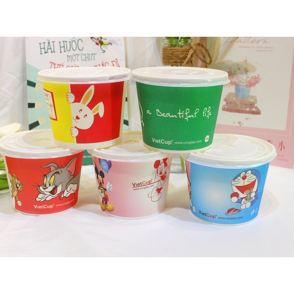 Set 100  Bát giấy, cốc giấy kèm nắp,sử dụng 1 lần, đựng cháo, soup loại 12oz = 360ml - VietCup