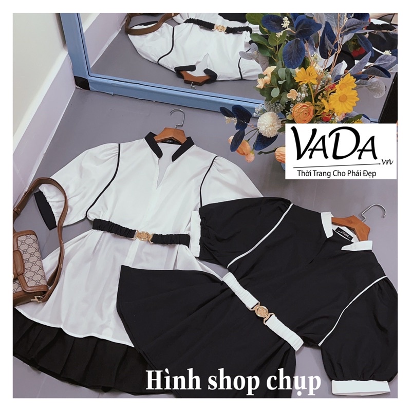 Áo sơ mi kiểu phối kèm dây eo 2 màu Trắng Đen đi làm ,dạo phố xinh xắn -Thời Trang VADA (phối ) | BigBuy360 - bigbuy360.vn