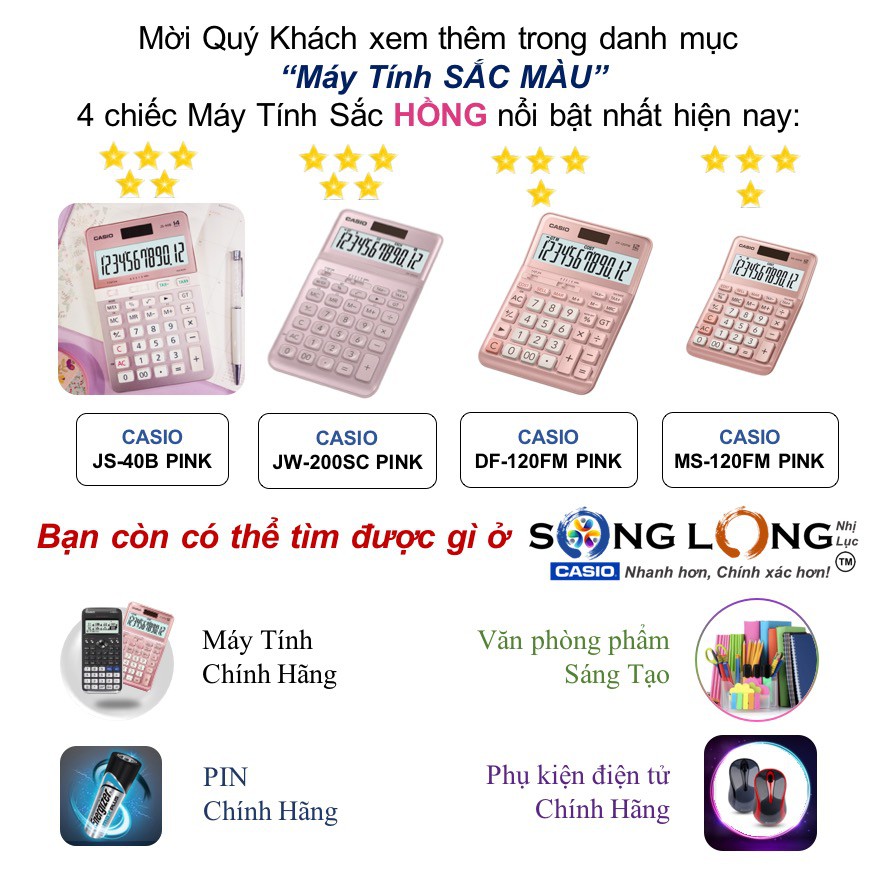 Máy Tính CASIO Sắc Màu MS-120FM Nhỏ Gọn – “Hồng Thắm Ánh Kim” – Máy tính Cầm Tay nhập khẩu Phillipines - Bảo hành 5 năm