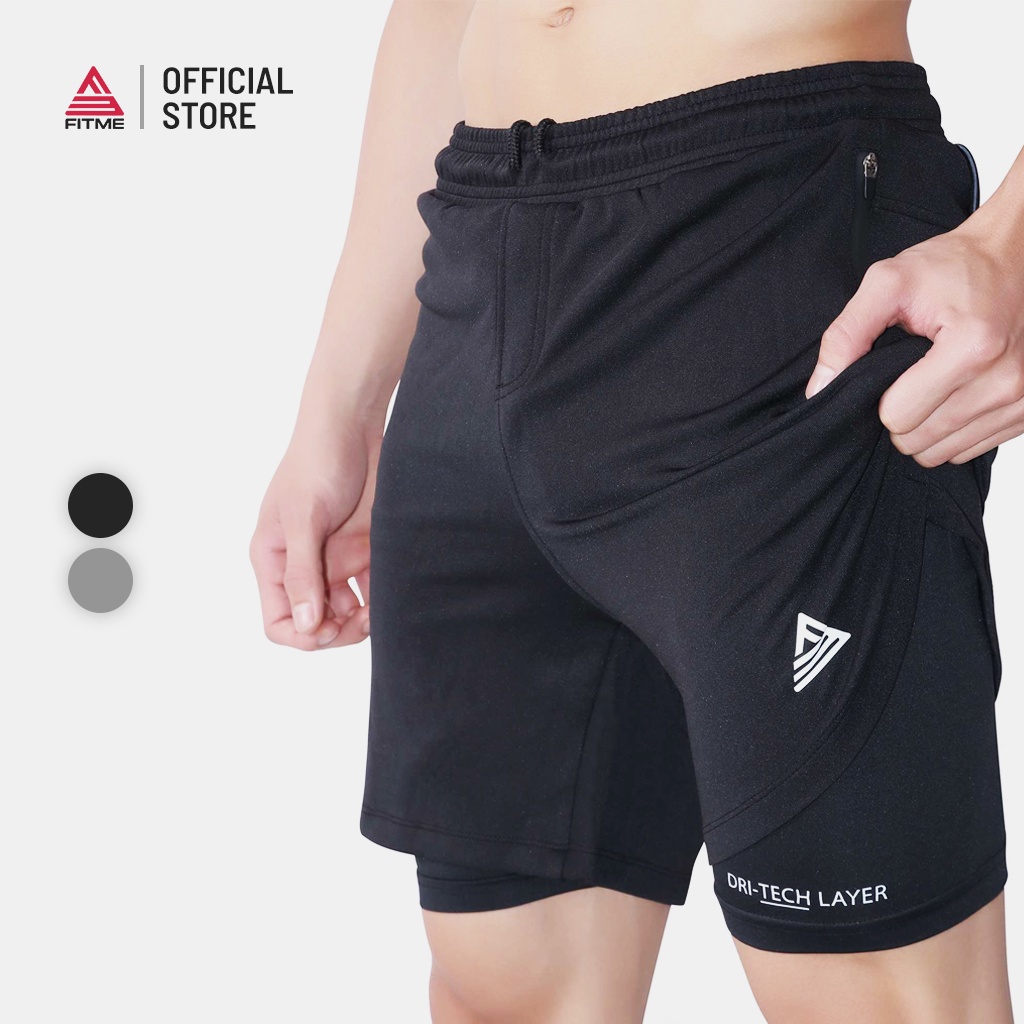 Quần đùi tập gym nam Fitme Dri-Tech Layer chất thun thể thao 2 lớp bó cơ cao cấp