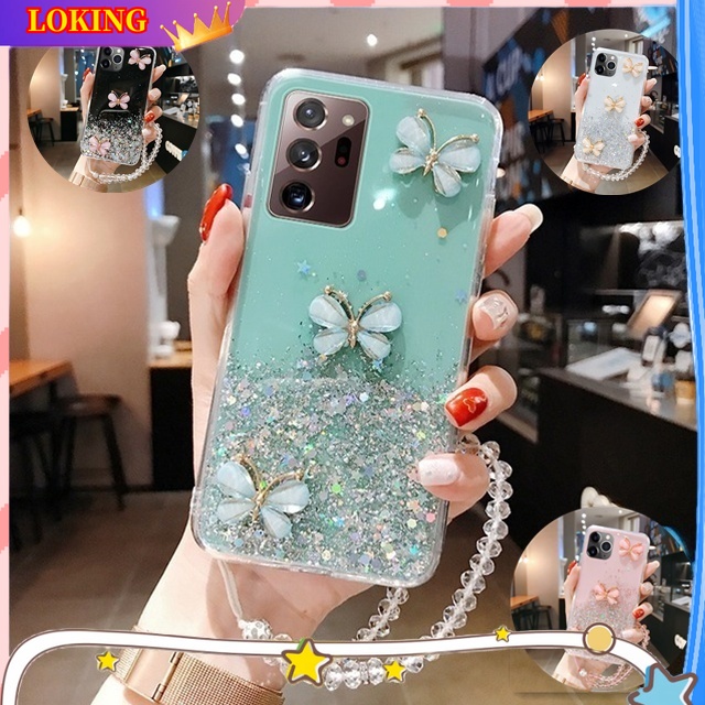 Ốp Điện Thoại Silicon Hình Bướm 3D Kim Tuyến Gắn Dây Đeo Samsung Galaxy A14 A34 A54 Note 20 Ultra 10Plus 10Lite Note 8 9