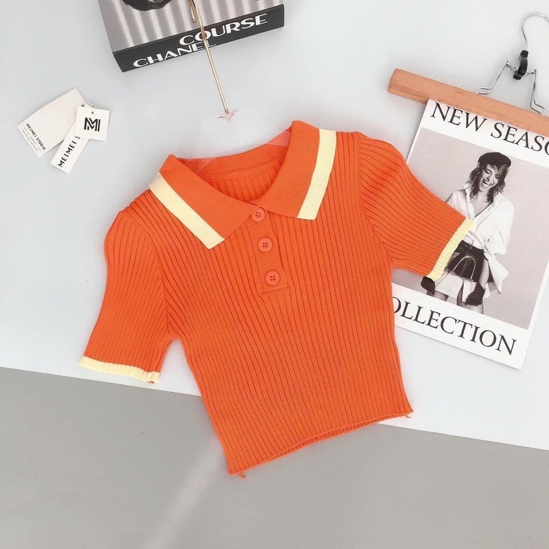 Áo len nữ cộc tay crotop cổ bẻ pha viền hot