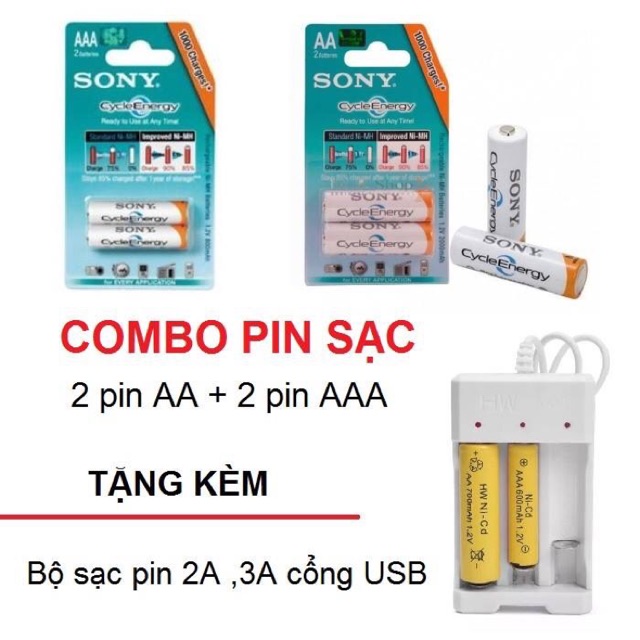 COMBO PIN TIỂU SẠC LẠI ĐƯỢC ( 2 pin AA + 2 pin AAA + Bộ sạc)