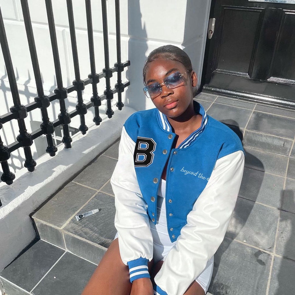 DUNEA Áo khoác da bóng chày tay ngắn phối màu cá tính cho nữ