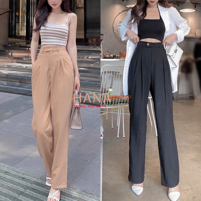 Quần ống rộng công sở nữ dài xếp ly có túi khóa - Màu Đen Trắng Be - Cạp có đai lưng cao - Vải mềm - Mặc đi làm học sinh | BigBuy360 - bigbuy360.vn