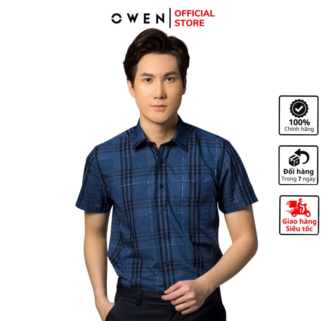 Áo sơ mi nam ngắn tay OWEN BA220411NT somi công sở vải bạc hà cao cấp màu xanh đậm navy kẻ ô dáng suông tà bằng có túi