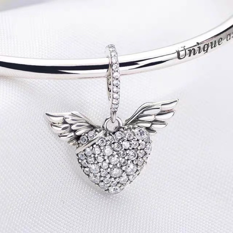 charm pan treo đôi cánh tim đính đá bạc s925 cao cấp