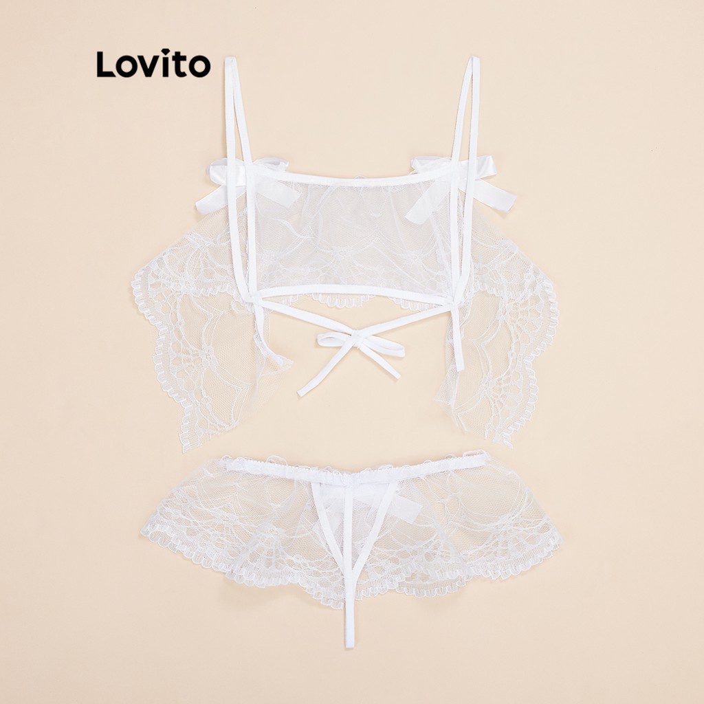 Đặt Lovito Đồ ngủ ren cho phụ nữ Nơ phía trước Áo ngực có dây buộc trong suốt Quần lót L162085 (Hồng/Trắng)
