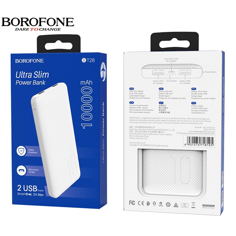 Pin sạc dự phòng 10000mAh BOROPHONE BT28 có đèn báo, 2 cổng ra 2A - Chính hãng